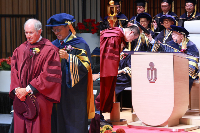HKUST Pro-Chancellor Dr. John Chan Cho-Chak (right photo) presides the Ceremony and confers Honorary Doctorates on the five prominent and distinguished leaders while HKUST Council Chairman Prof. Harry Shum (left photo) hoods them.