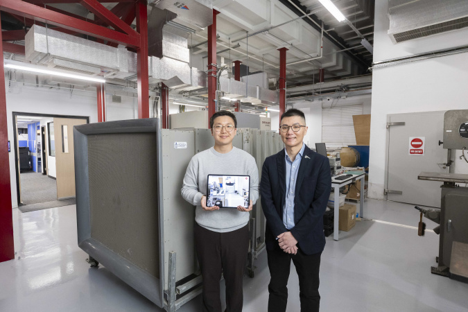 A team led by Prof. Larry Li (right) and PhD student Jungjin Park (left), reconstructed an on-campus wind tunnel laboratory using 3D scanning technology for creating AI-enabled AR modules.