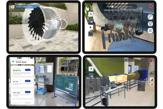 The platform offers a range of virtual experiments, including (top row left and right) aircraft and car engine testing, (bottom left) gas-flow measurement using a Venturi meter, and (bottom right) wind tunnel tests examining the aerodynamics of aircraft.