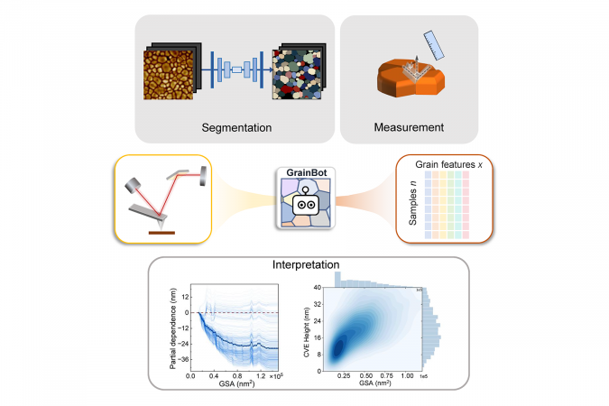 This diagram illustrates the workflow of GrainBot, providing an integrated solution for segmentation, feature measurement, and correlation analysis.