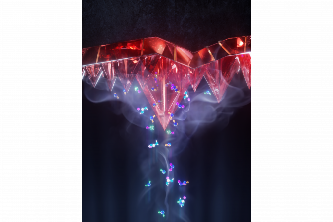 Schematic illustration of conformal, oriented perovskite crystal structure deposited via co-evaporation on a micron-textured industrial standard Si wafer. 
