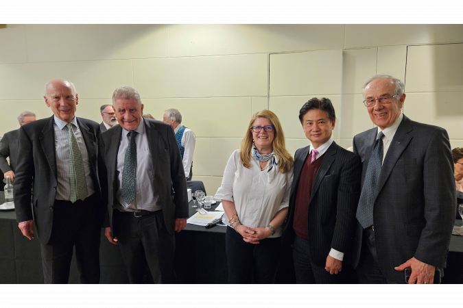 A group photo of Prof. Charles Ng (second right) with BGA Chair Ir Chaido Doulala‑Rigby (third right) and previous Rankine Lecturers, including Dr. Brian Simpson (first right), 32nd Rankine Lecturer; Prof. Lord Robert Mair (first left), 46th Rankine Lecturer; and Prof. Antonio Gens (second left), 47th Rankine Lecturer.