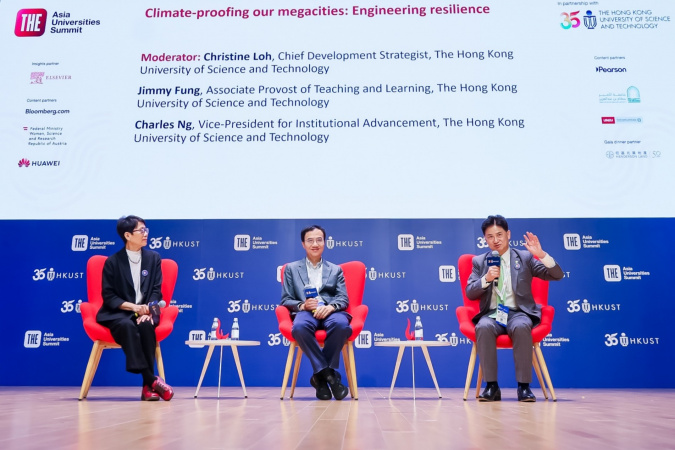 Prof. Charles Ng, Vice-President for Institutional Advancement of HKUST (right), and Prof. Jimmy Fung, Associate Provost of Teaching and Learning (middle), participate in a panel discussion titled “Climate-proofing our megacities: Engineering resilience”, moderated by Prof. Christine Loh, Chief Development Strategist, Institute for the Environment of HKUST (left). 