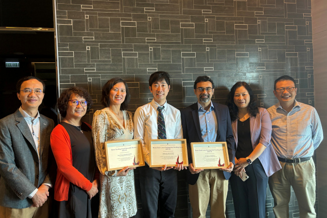 Dr. Khawar Sarfraz (third right), Dr. Jac Leung (center), and Prof. Winnie Leung (third left) were named winners in Thetos Distinguished Teaching Awards 2025-26. Also pictured are Prof. Jimmy Fung (first left), HKUST Associate Provost (Teaching & Learning); Prof. Betty Lin (second left), Associate Professor of Interdisciplinary Education, Academy of Interdisciplinary Studies; Prof. Zhang Qian (second right), Head of the Division of Integrative Systems and Design; and Prof. Yu Weichuan (first right), Associa