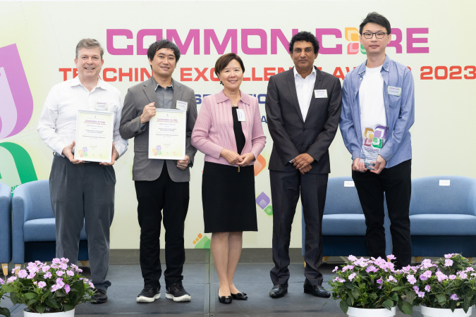 President Prof. Nancy Ip (center), Prof. Percy Dias (second right), Chair of Committee on Undergraduate Core Education, and the three School of Engineering awardees Prof. Kenneth Leung (first right), Prof. Ben Chan (second left), and Mr. Paul Lavigne (first left)