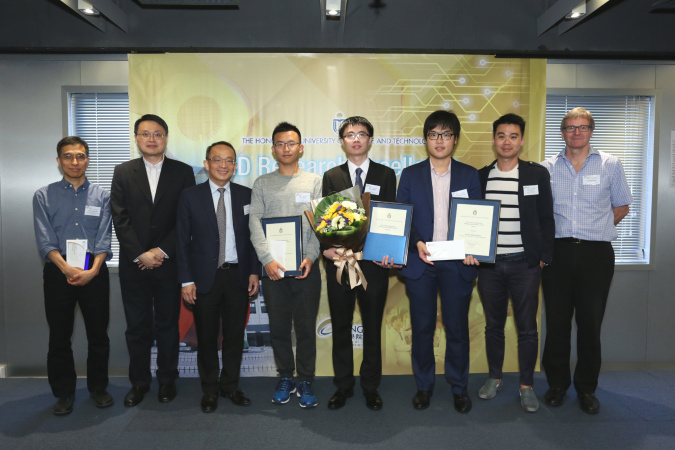 The winner Dr Hao Wang (fourth right), finalists Mr Ri Wang (fourth left) and Mr Pak Ming Cheung (third right), together with faculty members.