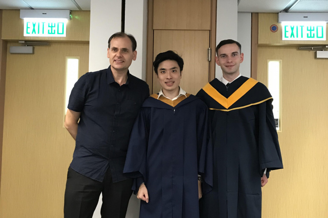 (From left) Prof. David Rossiter and his students Benson Ka Wai Ng and Joergen Fosseng Duley together built an app system for student sharing called Chatfer. 