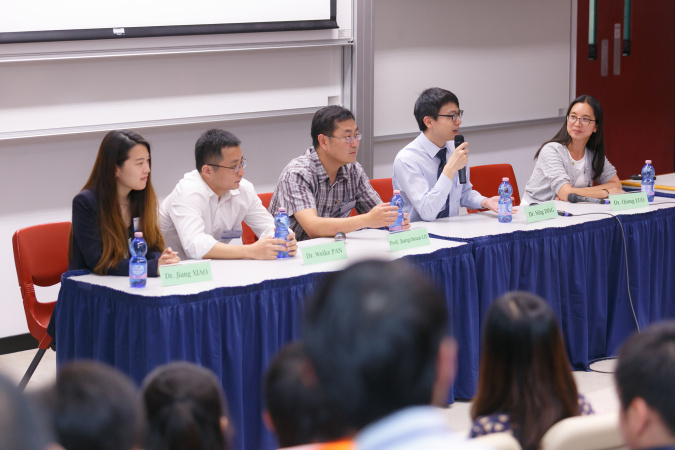 The whole-day workshop ends with a panel discussion by CSE alumni Dr Jiang Xiao (1st from left), Dr Weike Pan (2nd from left), Prof Jiangchuan Liu (middle) and Dr Ning Ding (2nd from right), and chaired by Dr Qiong Luo (1st from right)  