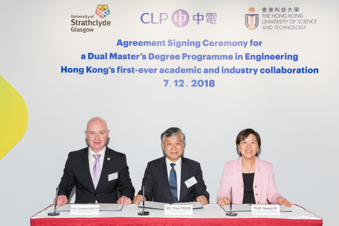 CLP Power Academy Vice Chancellor Mr. Paul Poon (middle), HKUST’s Vice-President for Research and Development Prof. Nancy Ip (right), and Head of the Department of Electronic and Electrical Engineering at the University of Strathclyde Prof. Campbell Booth (left) sign the agreement.  