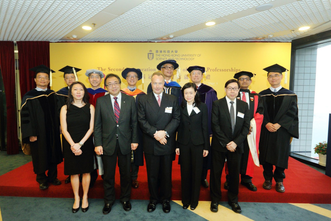 (From left, second row) Prof Xiuli Chao, Prof Xin Zhang, Prof Joseph Lee, President Prof Tony Chan, Prof Wei Shyy, Dr Eden Woon, ProfJitendra V Singh, Prof Qiang Yangand donors for the named professors: (from Left, front row) Ms Laura Lau of The Swire Group Charitable Trust, Prof Lap-chee Tsui of Victor and William Fung Foundation, Mr Hans Michael Jebsen of Jebsen Group and Ms Gemma Wong and Mr M K Lee of Wong Check She Charitable Foundation at the inauguration ceremony.