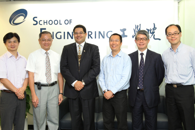 (From left) Prof Charles Ng, Associate Dean of the School, Mr Ng Sui Kou, Prof Khaled Ben Letaief, Dean of the School, Mr Bobby Yip, Ir Dr Andrew Chan and Prof Roger Cheng, Associate Dean of the School