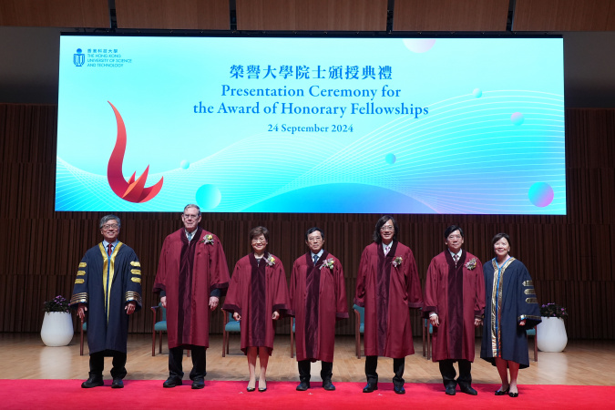 (From left) HKUST Council Chairman Prof. Harry Shum, the five honorary fellows: Prof. Peter K. Bol, Mrs. Helen Kan, Prof. Ko Ping-Keung, Mr. Vincent Ng Wing-Shun, Dr. Samuel Yung Wing-Ki and HKUST President Prof. Nancy Ip.