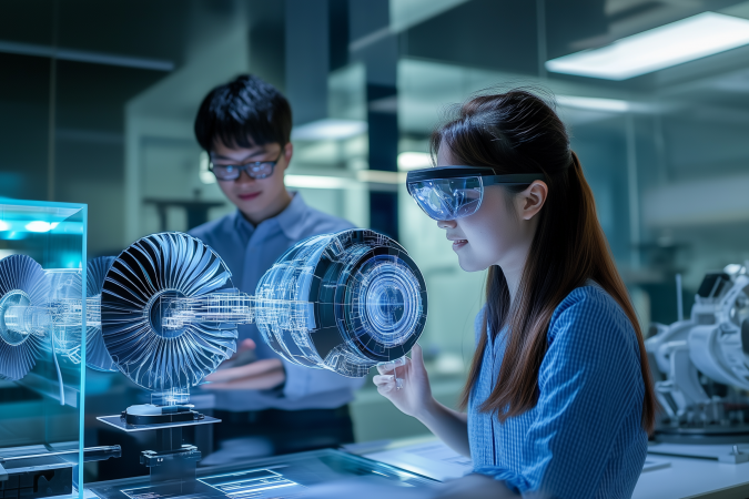 An AI-generated image showing students exploring mechanical and aerospace components via extended reality technology.