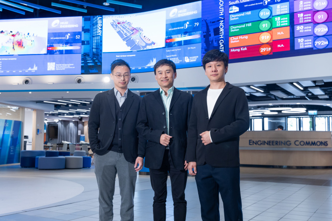 Prof. Gary Chan Shueng-Han (center), Professor of Computer Science and Engineering, and his team members Dr. Lai Ki-Kit (left), Manager of Innovation and Product Development, and Jerry Lin Zhongming (right), Assistant IT Manager, in front of the huge LED walls that display university entrances’ bus queue status and occupancy of selected study space on campus – one of the research innovations they developed and being newly featured at the Engineering Commons.