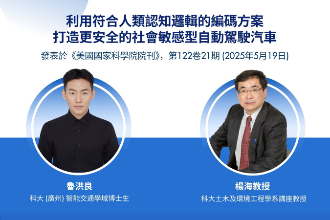 科大土木及環境工程學系講座教授楊海（右）與科大（廣州）智能交通學域博士生魯洪良（左）融合神經科學、認知科學和倫理學，開發出一套新系統，使自駕車能像真人司機般「思考」。