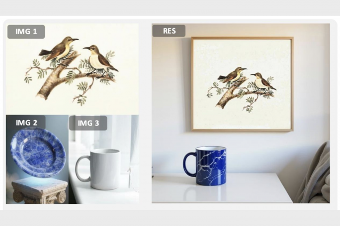 在多模态指令生成任务中，DreamOmni2能基于图片中的实体进行图像生成，例如提取图一的画作挂在卧室墙上，将图二盘子的材质套用在图三的水杯，并将水杯放置在桌子上，以生成符合用家要求的新图像。