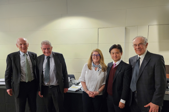 A group photo of Prof. Charles Ng (second right) with BGA Chair Ir Chaido Doulala‑Rigby (third right) and previous Rankine Lecturers, including Dr. Brian Simpson (first right), 32nd Rankine Lecturer; Prof. Lord Robert Mair (first left), 46th Rankine Lecturer; and Prof. Antonio Gens (second left), 47th Rankine Lecturer.