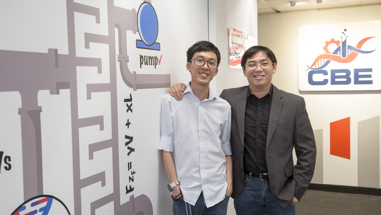 (From right) HKUST alumni Donald Lai and Winsor Lee, who earned Bachelor’s degrees from the Department of Chemical and Biological Engineering and worked on research projects at the University, joined the same company after graduation where they continue to further their research and apply their engineering knowledge, which in turn has contributed to society during the COVID-19 pandemic.