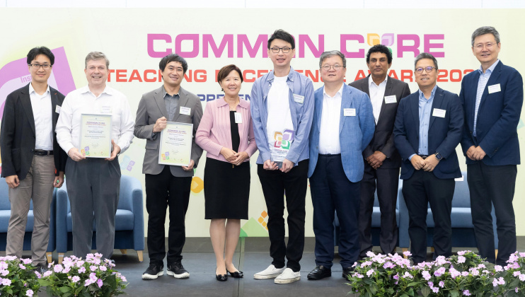President Prof. Nancy Ip (fourth left), Provost Prof. Guo Yike (fourth right), Dean of Engineering Prof. Hong K. Lo (second right), Prof. Zhou Xiaofang (first right), Head of Computer Science and Engineering Department, Prof. Percy Dias (third right), Chair of Committee on Undergraduate Core Education, Prof. Nam Sai-Lok (first left), Academic Director (Undergraduate Core Education), Prof. Kenneth Leung (center), Prof. Ben Chan (third left), and Mr. Paul Lavigne (second left)