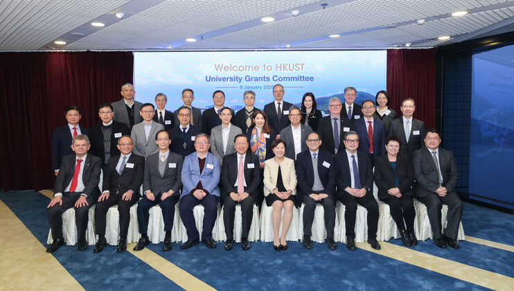 The UGC delegation, led by UGC Chairman Mr. Tim Lui (fifth left, first row), visits HKUST on January 9, 2025 to learn more about the University’s latest research and innovation endeavours. The guests are warmly received by HKUST President Prof. Nancy Ip (fifth right, first row), senior management, and school deans. 