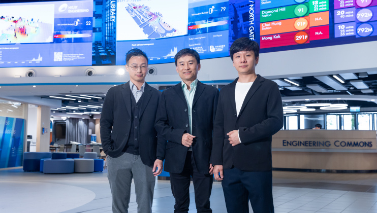 Prof. Gary Chan Shueng-Han (center), Professor of Computer Science and Engineering, and his team members Dr. Lai Ki-Kit (left), Manager of Innovation and Product Development, and Jerry Lin Zhongming (right), Assistant IT Manager, in front of the huge LED walls that display university entrances’ bus queue status and occupancy of selected study space on campus – one of the research innovations they developed and being newly featured at the Engineering Commons.