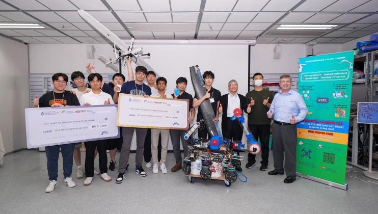 The three winning teams of the USEL-ASMPT Technology Award 2025 alongside judging panel members: Prof. Mow Wai-Ho (third right), Associate Dean of Engineering (Undergraduate Studies); Prof. Robin Ma (second right), Associate Professor of Engineering Education in the Department of Mechanical and Aerospace Engineering, and Mr. Paul Lavigne (first right), Teaching Associate of the Center for Engineering Education Innovation (E2I)