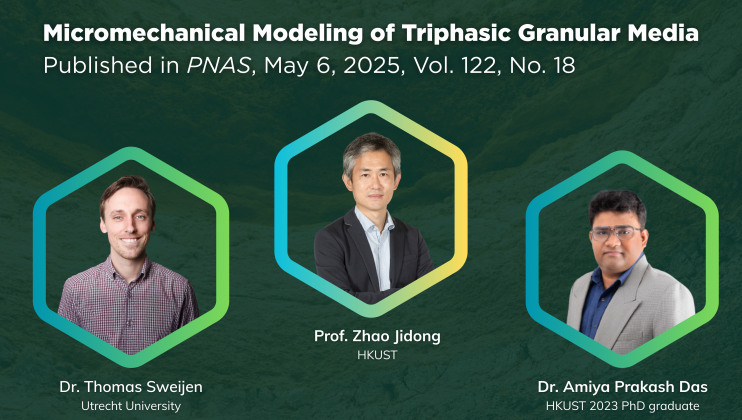 Prof. Zhao Jidong (center) and Dr. Amiya Prakash Das (right) from HKUST, together with Dr. Thomas Sweijen (left) from Utrecht University, have developed a groundbreaking computational model to study the movement of granular materials such as soils, sands and powders.