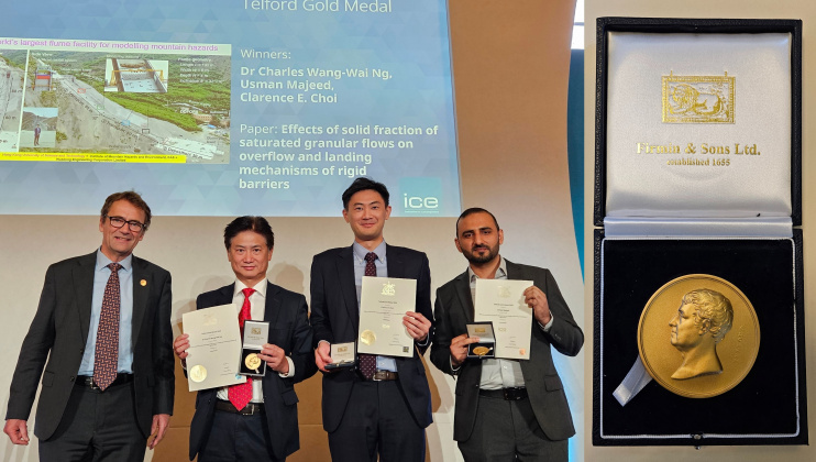 Prof. Charles Ng Wang-Wai (second left) and his team received the Telford Gold Medal (picture on right) by the Institution of Civil Engineers (ICE) in London. With over 180 years of history, this prestigious award recognizes the most outstanding civil engineering publication of the past year.