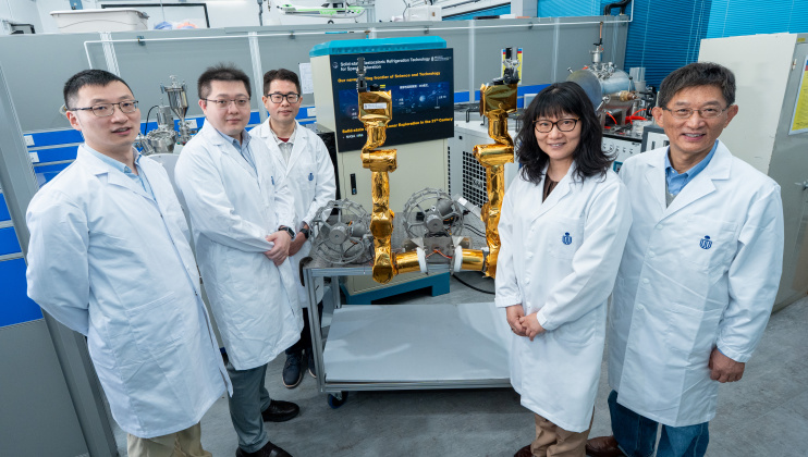 A group photo of five HKUST scholars who are leading the international “Hong Kong Operation Robot” project. From left to right: Prof. Walter Wang Zhe, Associate Professor of the Department of Civil and Environmental Engineering; Prof. Duan Molong, Assistant Professor of the Department of Mechanical and Aerospace Engineering; Prof. Shi Ling, a Professor in both the Department of Electronic and Computer Engineering and the Department of Chemical and Biological Engineering; Prof. Gao Yang, Professor of the Dep