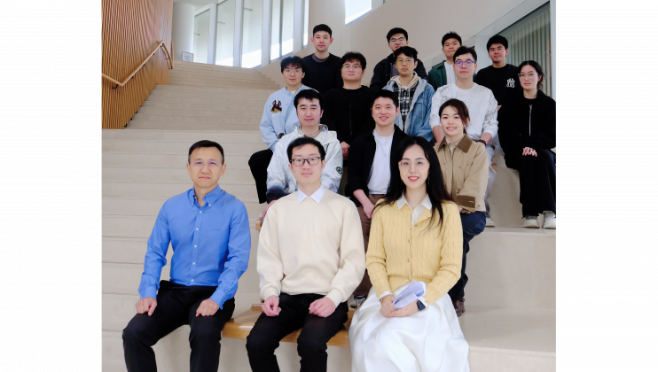 Group photo of the HKUST research team, including Prof. Wang Yiwen, Associate Professor (first row, right); Dr. Wu Shenghui (first row, center), Research Assistant Professor, from the Department of Electronic and Computer Engineering; and Prof. Liu Kai (first row, left), Professor in the Division of Life Science and the Department of Chemical and Biological Engineering, along with other research members. 