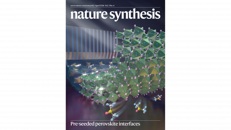 Conceptual illustration showing how the “slow-release solvent” strategy repairs buried interfaces in perovskite thin films. This research was published in Nature Synthesis and featured as the journal’s cover article for the April 2026 issue (Volume 5, Issue 4).