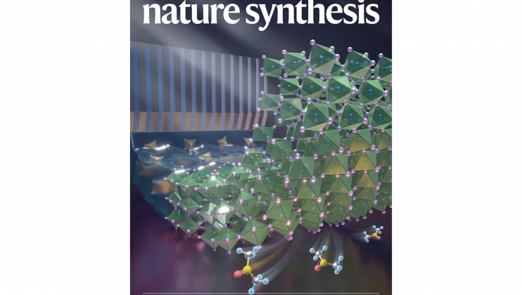 「緩釋溶劑」方法修復鈣鈦礦晶體薄膜埋底界面的概念圖。研究論文已發表於期刊《自然合成》並獲選為2026年4月號（第5卷，第4期）的封面文章。
