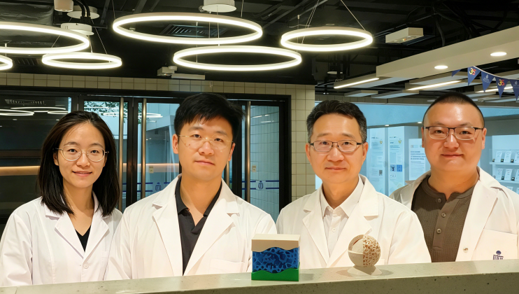 Researchers from HKUST, including Prof. Yang Jinglei (second right), postdoctoral fellows Dr. Liu Biyuan (first left) and Dr. Zhang Yonglin (second left), and PhD candidate Han Yuzi (first right), have discovered the quantum mechanism and rational design principles underlying interfacial polymerization — a breakthrough that advances applications in water purification and microcapsule technology. 