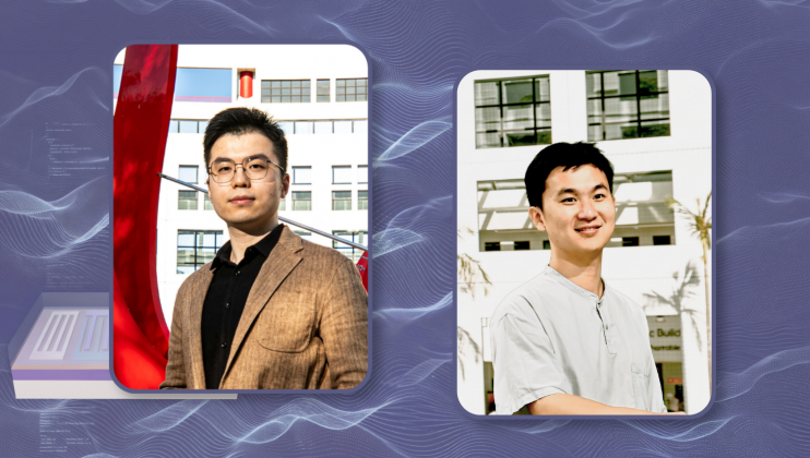 Prof. Yang Yansong (left), Assistant Professor of the Department of Electronic and Computer Engineering of HKUST, and his PhD student Qian Fangsheng (right) have developed a novel chip architecture that enables the miniature acoustic devices inside smartphones to withstand over 12 times higher power loads while maintaining cooler and more stable operation.