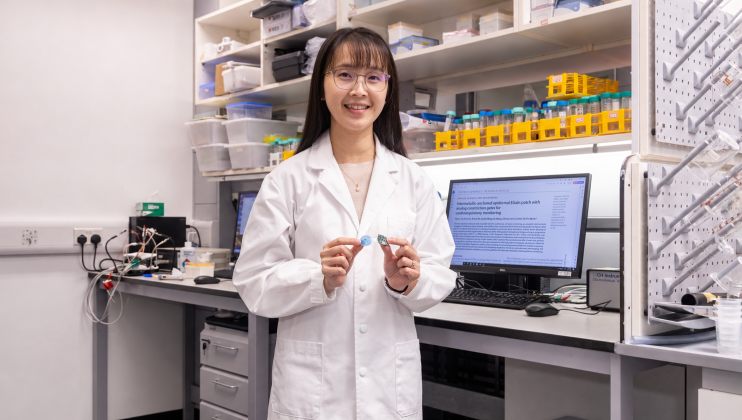 HKUST Engineering Develops Breakthrough Liquid-Metal Smart Patch for Clinical-Grade At-Home Cardiorespiratory Monitoring Prof. Hnin Yin Yin Nyein, Assistant Professor of the Department of Chemical and Biological Engineering at HKUST, holds the heteromodal epidermal liquid-metal patch (HELP) developed by her research team.