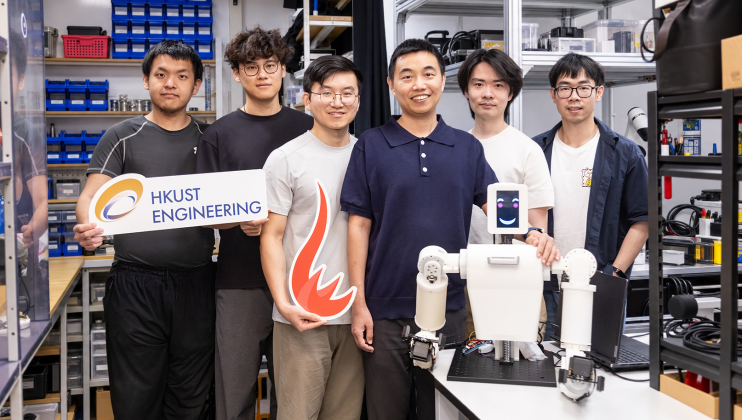 Prof. Shen Yajing (third right), Professor of the Department of Electronic and Computer Engineering, and members of his research team, including Dr. Tang Yifeng (third left), Yin Tianci (second right), Dr. Li Gen (second left), Ling Zhengrong (first right), and Wang Hexiang (first left), showcase the Embodied Sensorimotor Robotic Arm (EmArm) developed by the team.