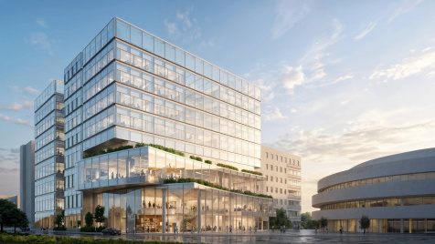 科大醫學教研綜合大樓的建築設計構想圖。大樓位於清水灣校園，樓高八層，配備多項先進設施。