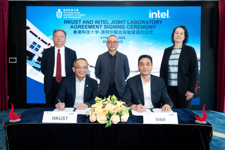 The agreement was witnessed by Prof. Guo Yike, Provost of HKUST (left, back row); Mr. Wang Zhicong, Chairman of Intel China (center, back row), and Ms. Gabriela Cruz Thompson, Senior Director of University Research and Collaboration at Intel (right, back row). It was signed by Prof. Tim Cheng Kwan-Ting, Vice-President for Research and Development of HKUST (left, front row), and Mr. Song Jiqiang, Director of Intel Labs China (right, front row). 