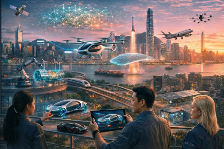 An AI-generated image illustrating the many facets of Mechanical and Aerospace Engineering (MAE): HKUST’s MAE programs empower students to shape the future by integrating AI, extended reality, and real-world innovation across air mobility, robotics, sustainable energy, smart manufacturing, advanced materials, space technologies, and beyond.