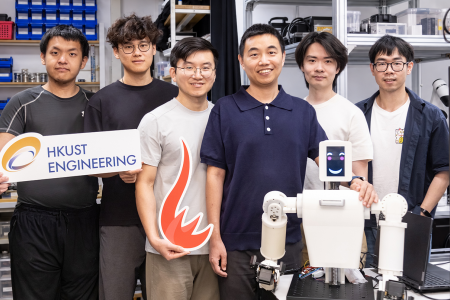 Prof. Shen Yajing (third right), Professor of the Department of Electronic and Computer Engineering, and members of his research team, including Dr. Tang Yifeng (third left), Yin Tianci (second right), Dr. Li Gen (second left), Ling Zhengrong (first right), and Wang Hexiang (first left), showcase the Embodied Sensorimotor Robotic Arm (EmArm) developed by the team.
